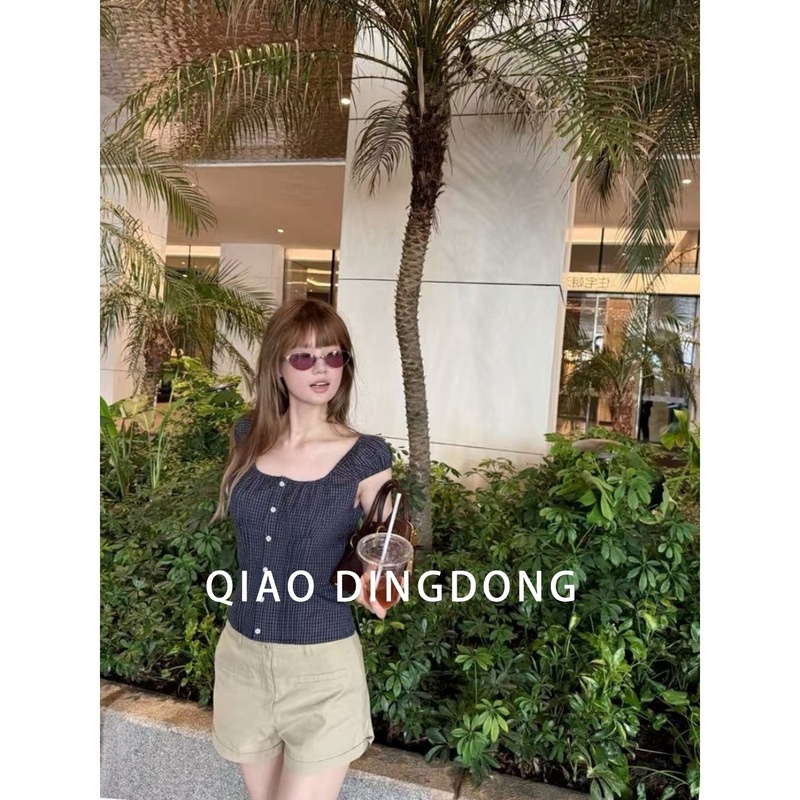 蘑糯糯monoo灰色卡其色短裤子女夏季高腰显瘦休闲直筒卷边阔腿裤|undefined