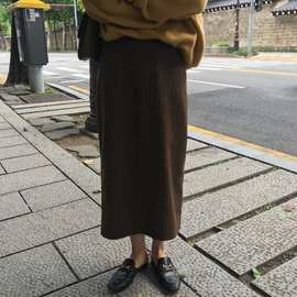2024春季新款韩国东大门淑女气质洋气羊毛竖纹后开叉半身裙长裙