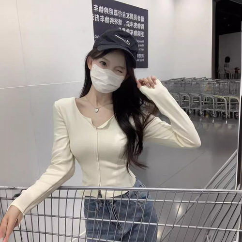 Korean 2024 Early Spring New Korean Pure Desire High-Low Design Women's Long-Sleeve T-Shirt American Style Top