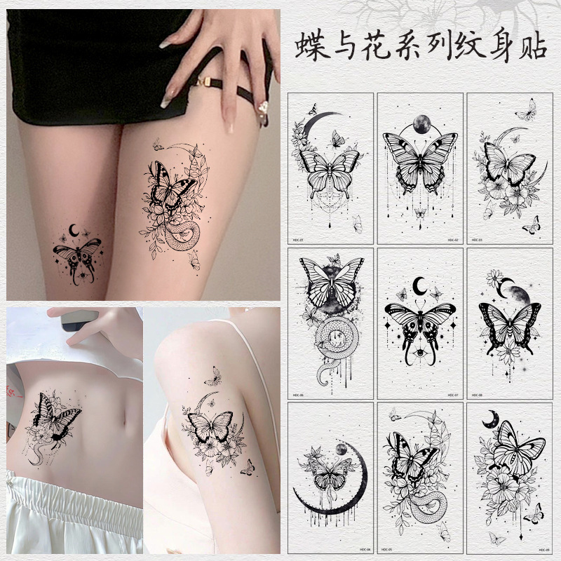 Cross-border Hot Sale Black Butterfly Tattoo Sticker Advanced Sense Ins Sexy Women's Arm Collarbone Scar Covering Temporary Tattoo Sticker