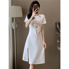 深圳南油新中式国风短袖连衣裙女夏季新款胖mm开叉气质白色T恤裙