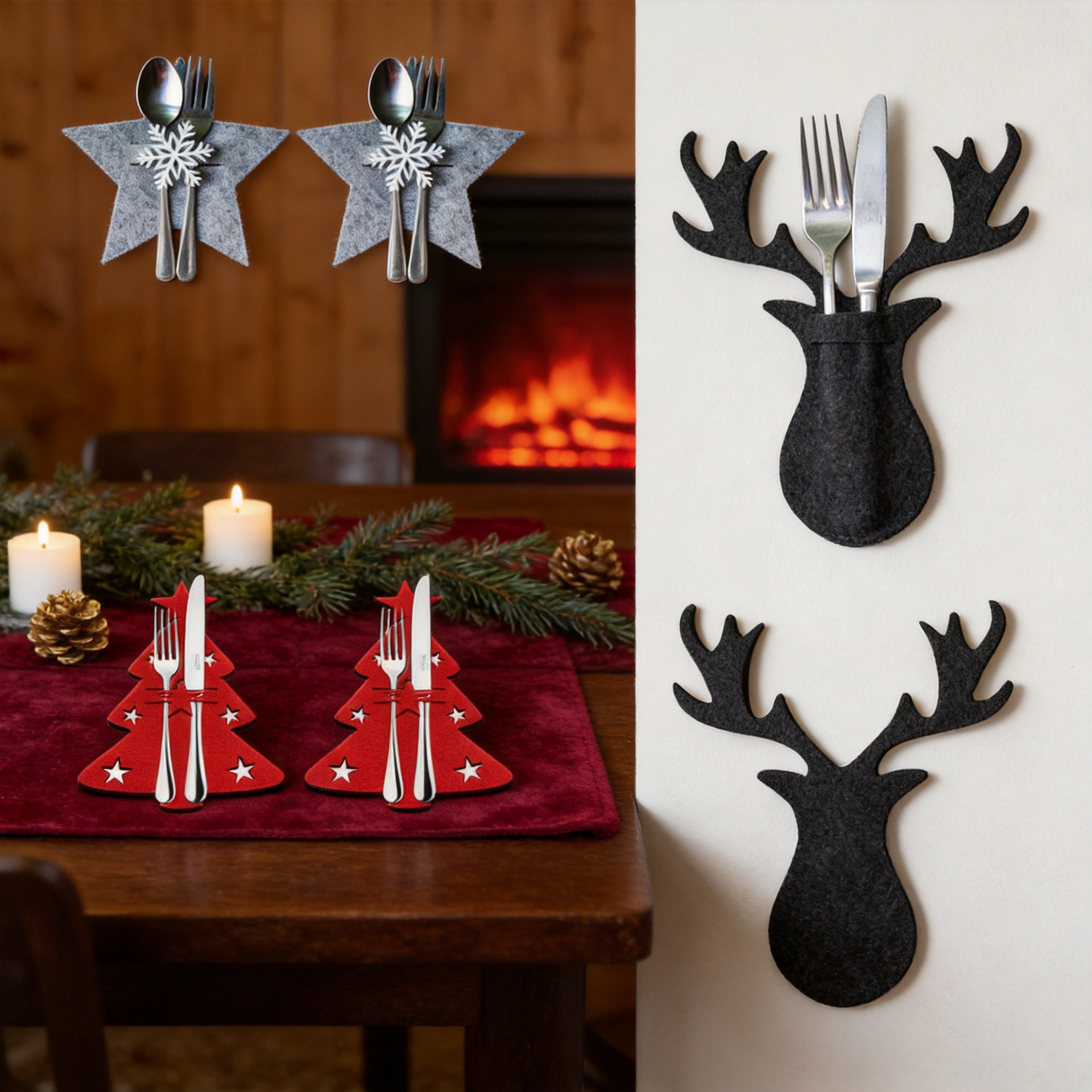 Fundas para cuchillos y tenedores navideños, juego de cubiertos de fieltro con diseño de renos, decoración para mesa de fiesta, Año Nuevo, fundas para cuchillos y tenedores de Navidad.