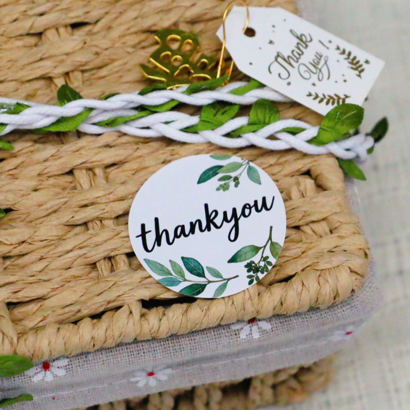 60张复古桉树叶Thank You贴纸 1.5英寸圆形不干胶礼物贺卡装饰贴
