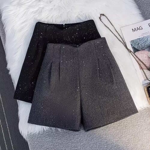 Designer-styled rhinestone wool shorts for women, winter petite shiny wide-leg bootcut pants, loose high-waisted A-line