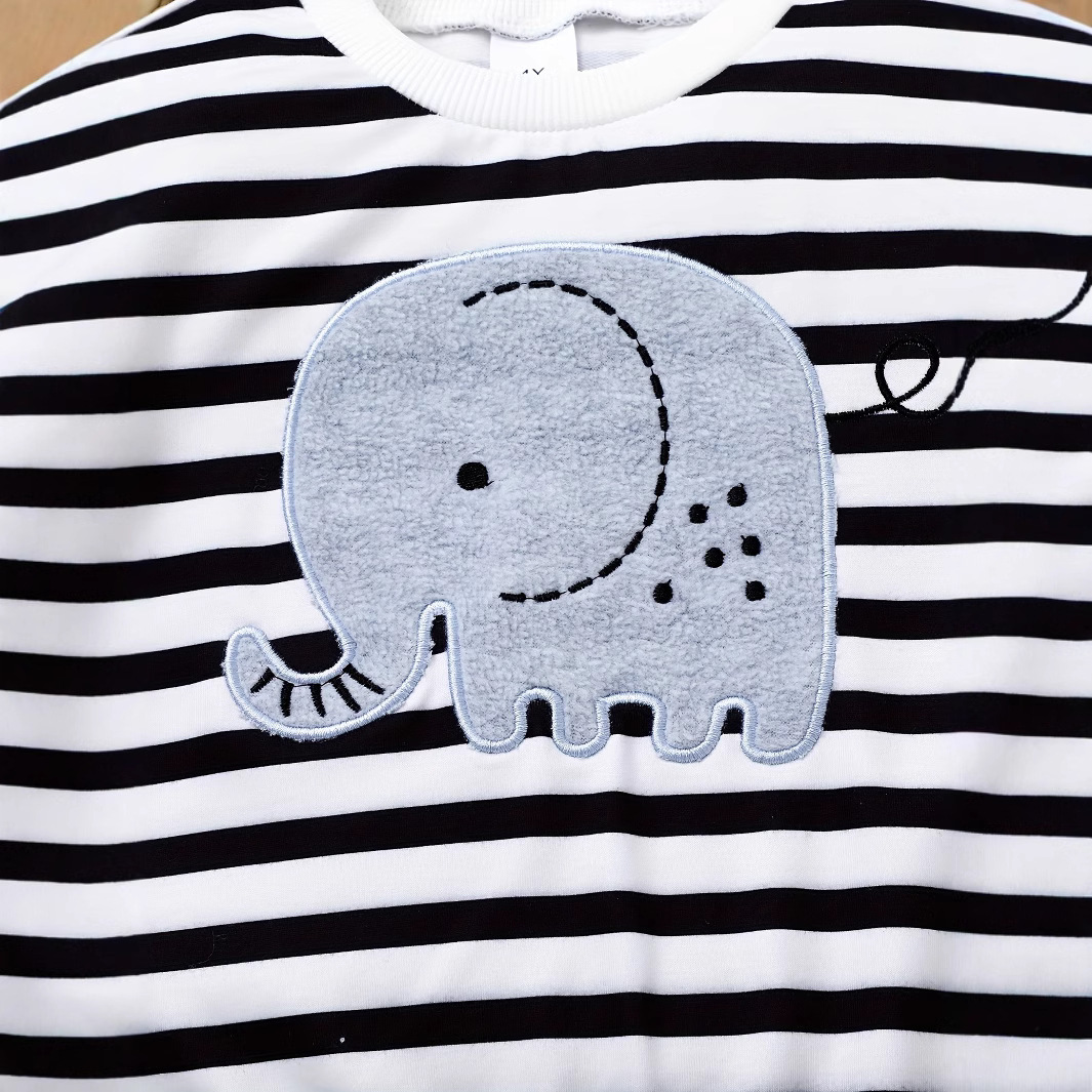 투피스 소년 줄무늬 코끼리 테이퍼 자수 크루 넥 긴 소매 스웨터 느슨한 허리 및 비스듬한 포켓 캐주얼 청바지