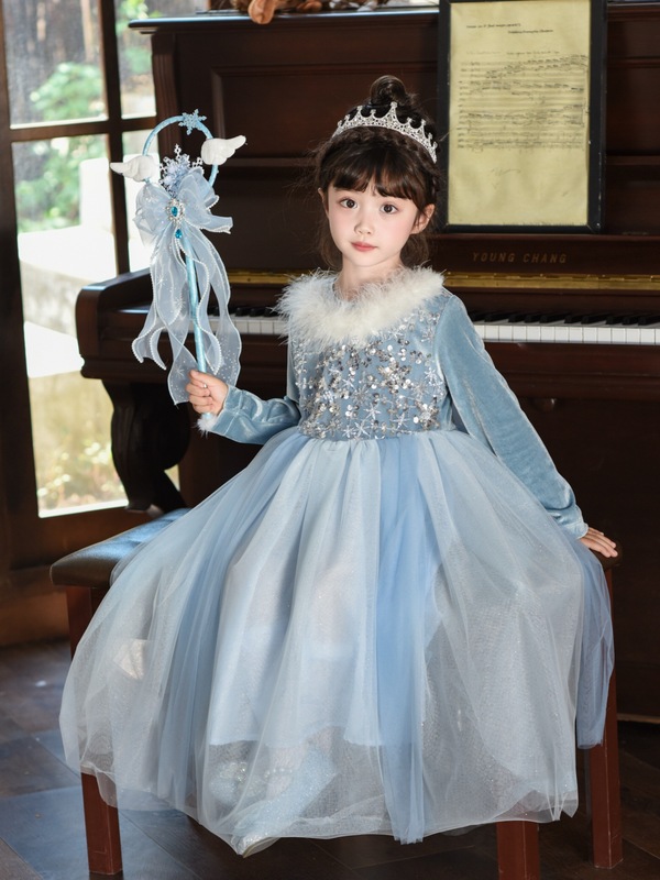 公主裙女童丝绒披风爱莎连衣裙女儿童秋季冰雪奇缘生日礼服裙小童|undefined