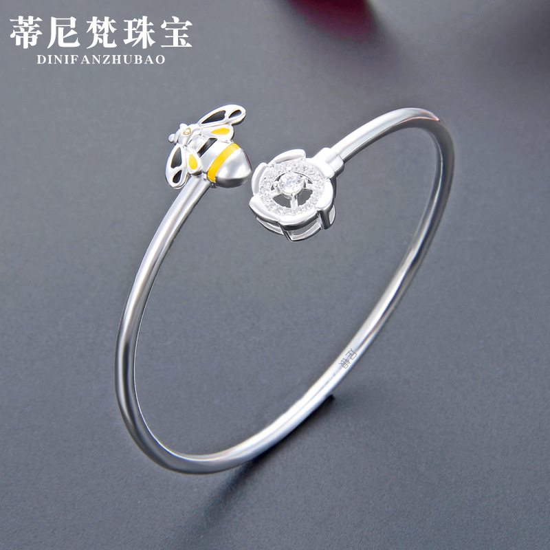 Bee diamante S990 pulsera de plata pura pulsera abierta moda estilo coreano pulsera de plata esterlina de las mujeres regalo para novia