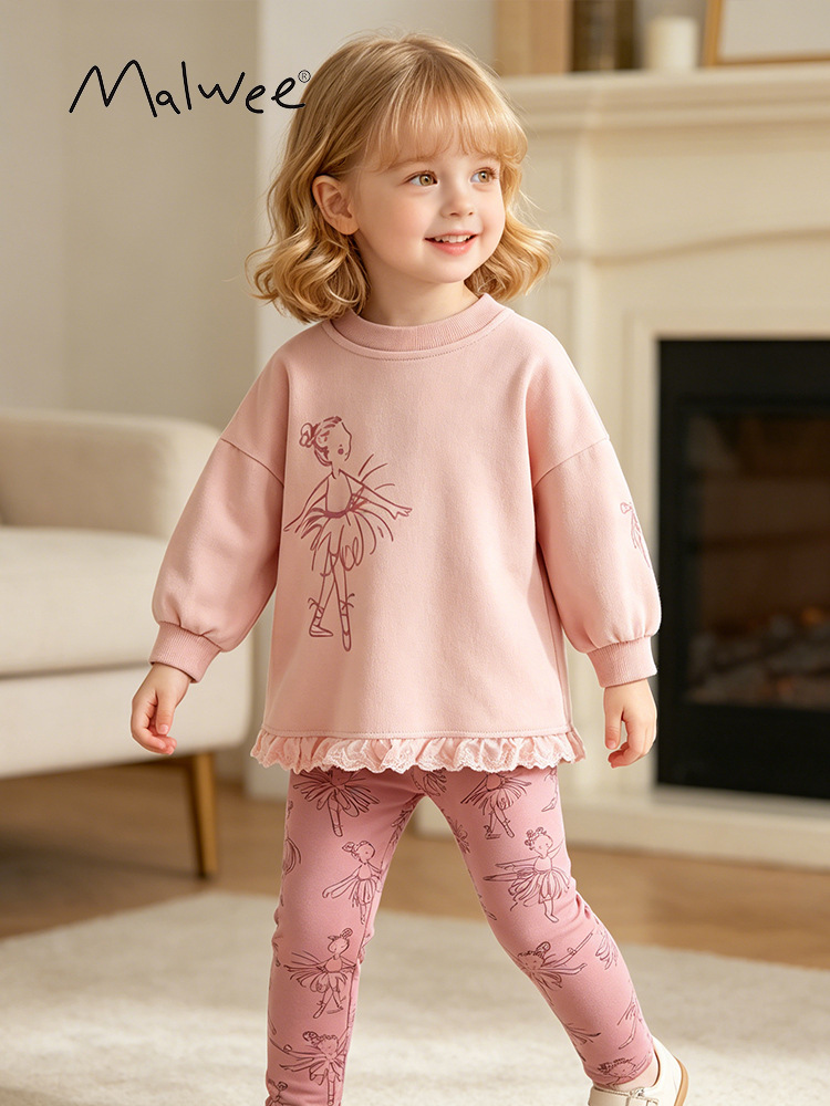 Trajes de niñas malwee transfronterizos otoño y invierno nuevos niños europeos y estadounidenses cuello redondo manga larga lindos dos juegos de niñas pequeñas