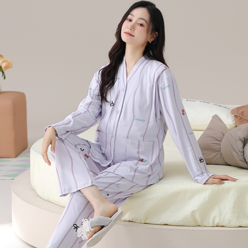 Pajamas with Breast Pads for Pregnant Women, Pure Cotton Long-Sleeved Pants Set, Postpartum Clothing, Large Size Cardigan, Home Wear, Spring and Autumn