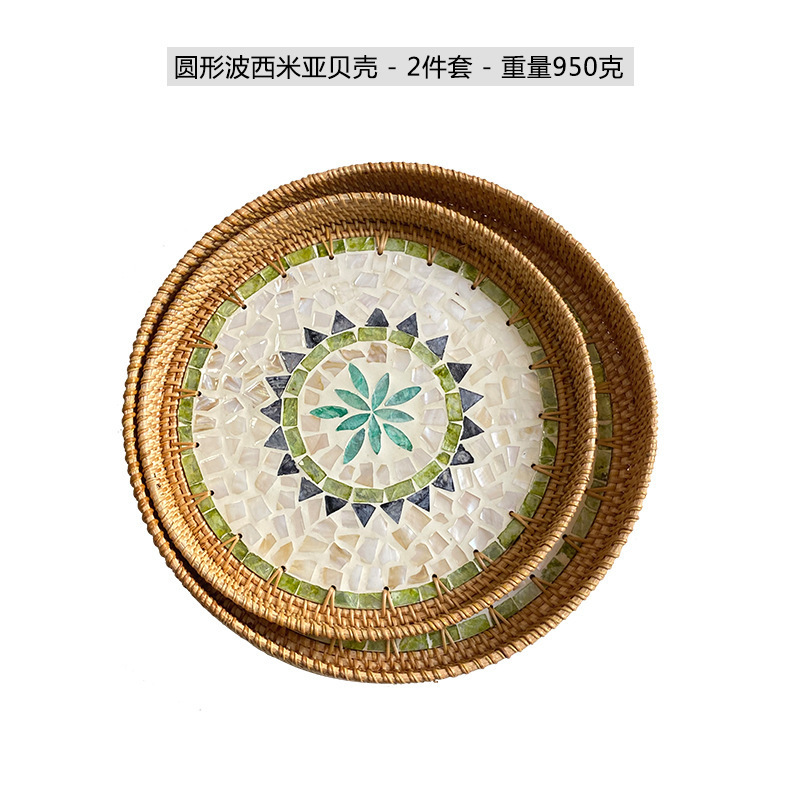 酒店民宿茶水杯子贝壳镶嵌拖盘摆放波西米亚装饰圆形花草树木花纹|undefined