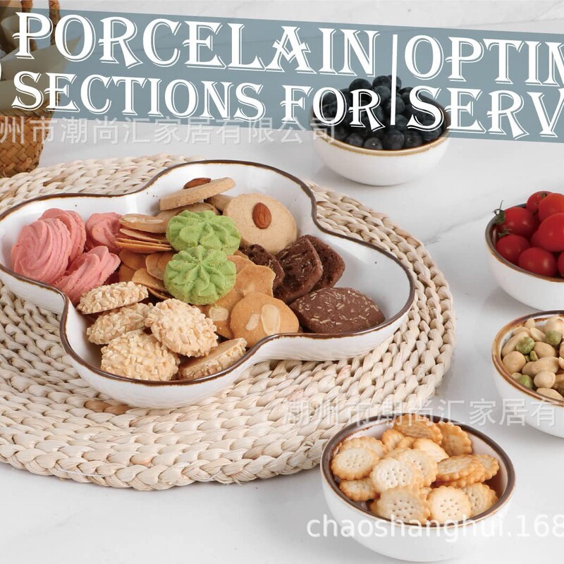 Production of Reactive Glaze Ceramic Bowl Sets for Home Use, Snack Trays, Creative Divided Fruit Plates, Kiln-Fired Bowls