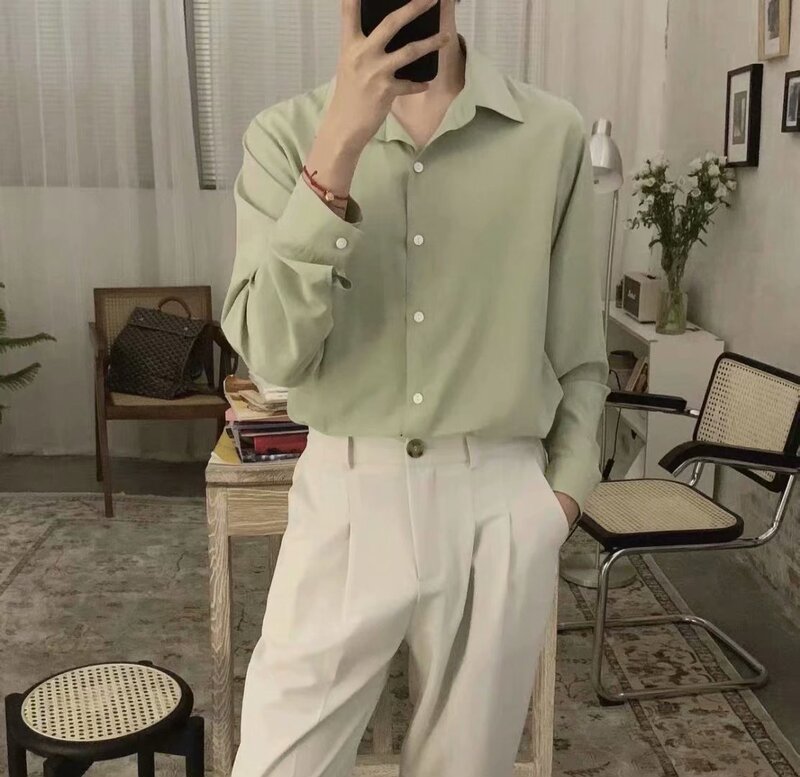 Light color Ice Silk draping shirt men's long sleeve casual drop suit shirt Korean style ins trendy handsome