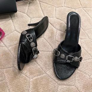 High Heels for Women 2025 Summer New Style Stiletto Black Sandals Niche Paris Rivet One-Line Sandals for Women to Wear Outside