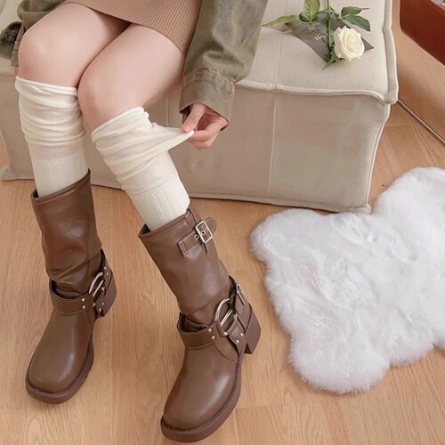 Women's calf-length socks for boots, stacked-heel style, autumn/winter pure cotton, Mélange color, long boot socks, knee-high socks, 37D