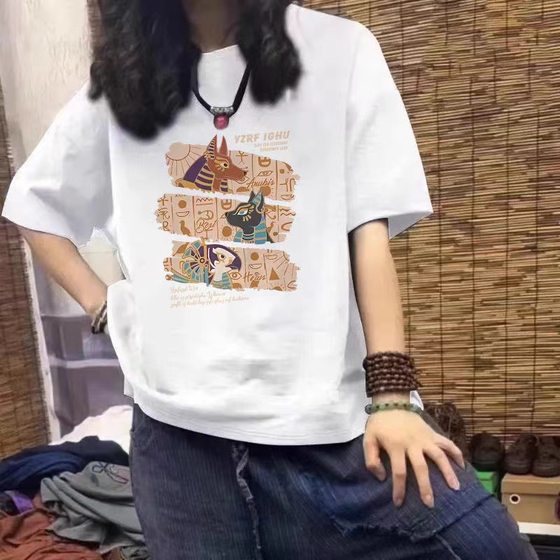 navy blue plus size Cotton Short-sleeved T-shirt Women's Summer New Loose Niche Design Sense Mid-length Top Ins Trendy