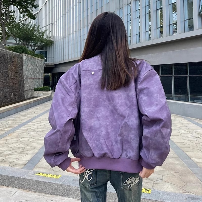 Retro Motorcycle Leather Jacket For Couples Stand Up Collar_voghion.com