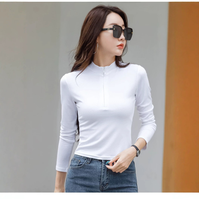 Women's autumn ribbed T-shirt with zipper stand-up collar, long-sleeved, slim-fit, versatile top, stylish and high-end