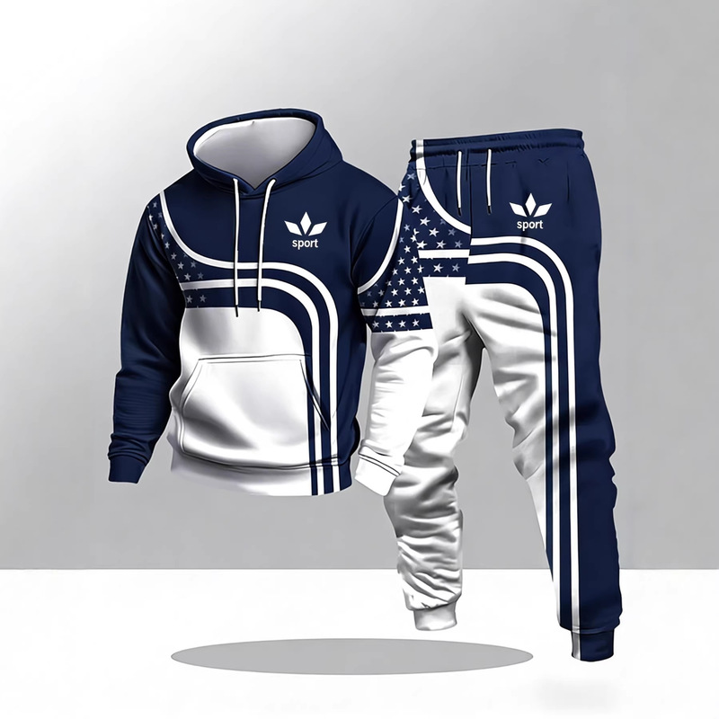 Supports multi-platform dropshipping, new cross-border 3D printed hooded sweatshirt set for men in spring and autumn, European and American style