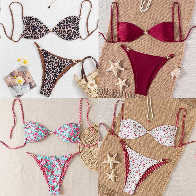 2025 New Cross-border European and American Explosions Split Swimsuit Leopard Print Lace-up Bikini Pearl Three-point Sexy Swimsuit