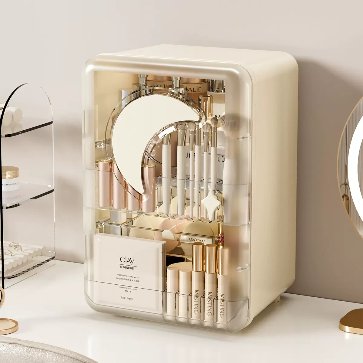 轻奢化妆品收纳盒桌面口红盒收纳架梳妆台防尘大容量护肤品收纳柜