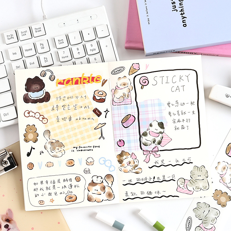 Buen registro de miau, paquete transparente a prueba de agua y caja de cinta de papel, etiqueta del diario de la cuenta de la mano de bricolaje, pegatinas de animales de dibujos animados