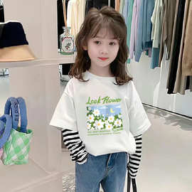 女童洋气卡通打底衫纯棉儿童长袖t恤春秋季新款中小童假两件上衣t