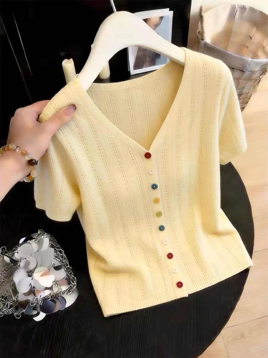 Women's Summer V Neck Hollow Short Sleeve T-Shirt Lightweight Slimming Knitted Cardigan Top New Style_ecoleips.com