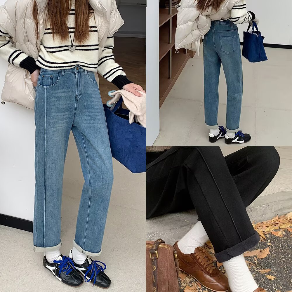2025冬季新品胖MM大码女装高腰弹力加绒牛仔哈伦款牛仔裤H50 2539