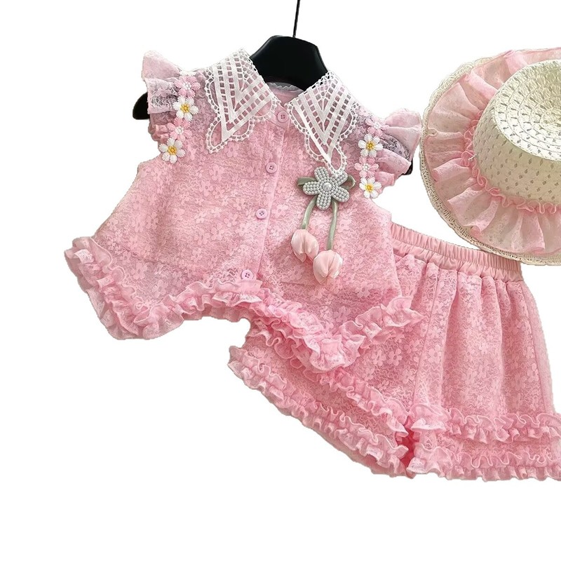 夏の女の子のスーツ新しい女の赤ちゃん 2025 レースフラワーフライスリーブシャツトップレースショーツ 2 点セット|undefined
