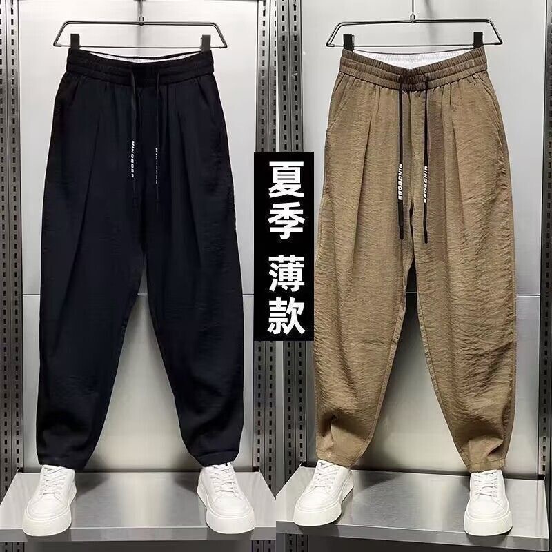 男士亚麻薄款大码宽松透气休闲裤 直筒弹力速干运动休闲小脚裤|undefined