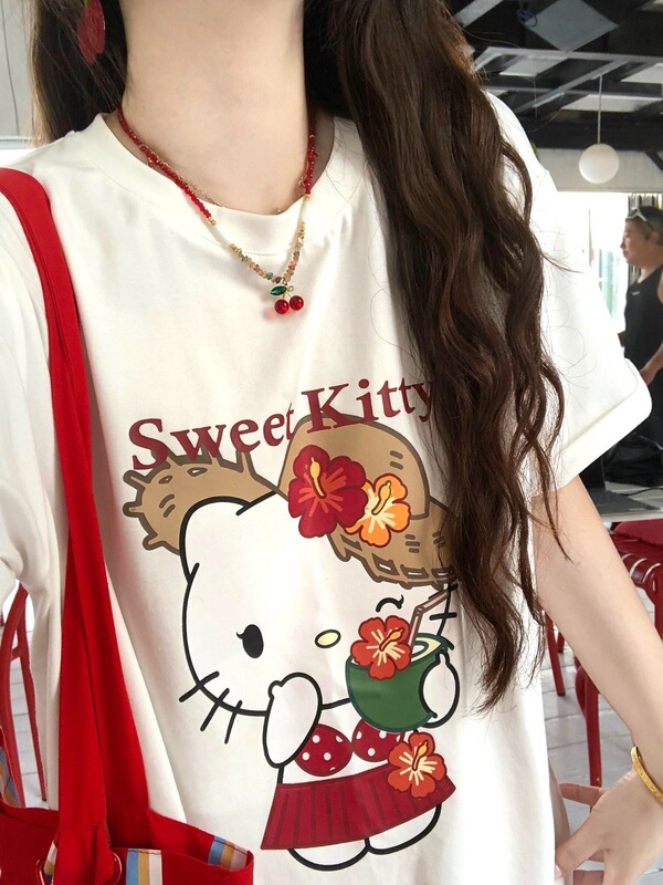 日本の夏の新しいハローキティプリント半袖Tシャツハローキティ純綿半袖Tシャツ婦人服|undefined