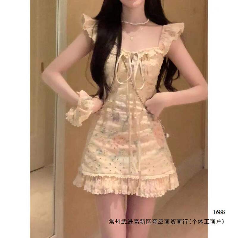 Garden Party Sweet Dress, Pure and Alluring Style, Summer Slimming Elegant Lace Flutter Sleeve New Short Dress with Print