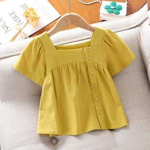Girls Short-Sleeved Babydoll Shirt Summer Wear 2025 New Girls Shirt Summer Kidsren's Wear Square Collar Top T-Shirt Thin Section