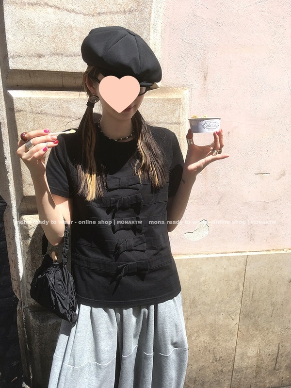 MONA 100棉 蝴蝶结设计黑白蓝色短袖t恤上衣女小个子2025夏季新款|undefined