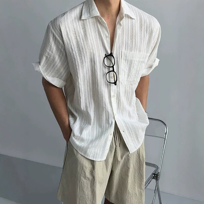 Japanese Retro Hollow Mesh Short-Sleeved Shirt for Men, Summer Lightweight Cardigan Shirt-Style Casual Jacket