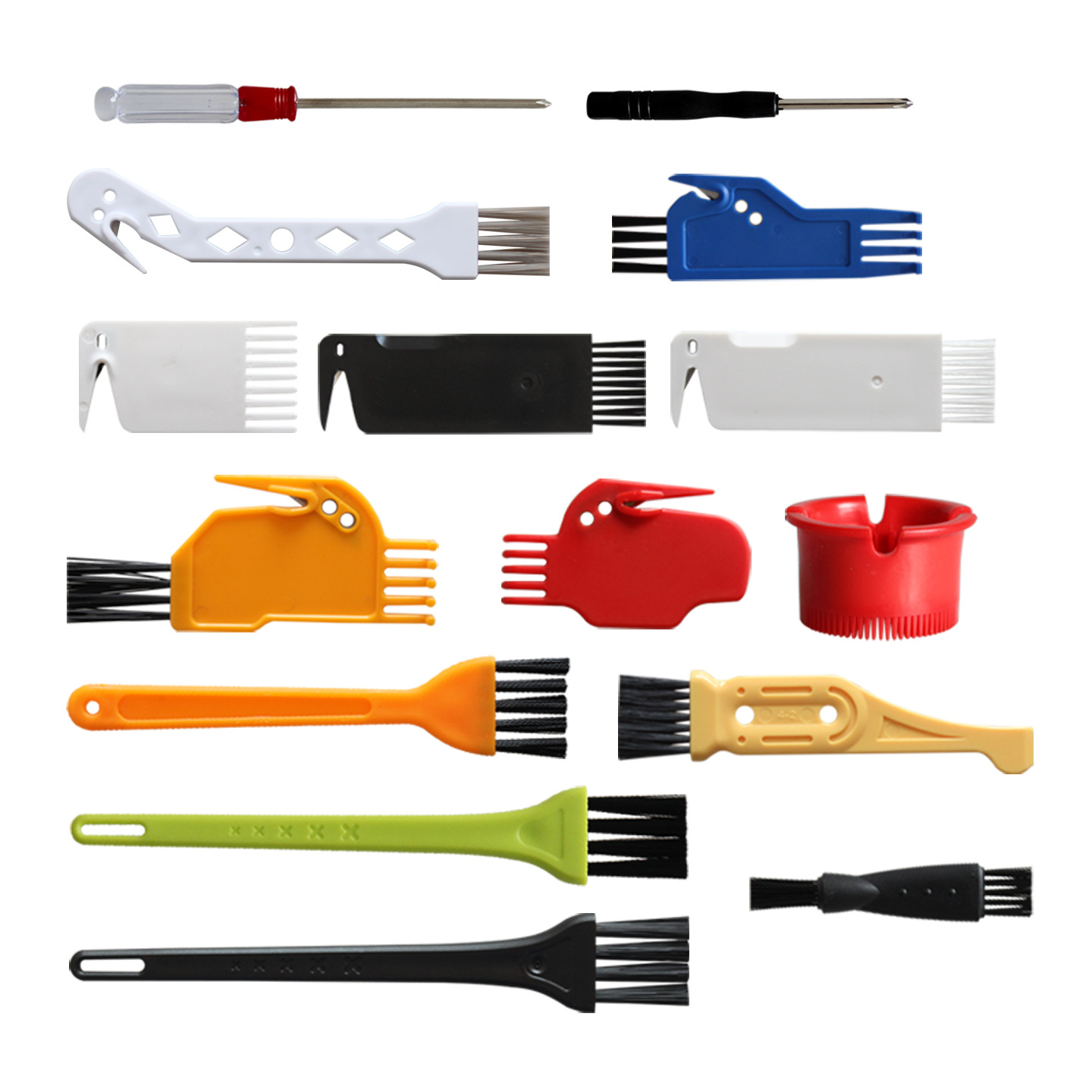 Multiple vacuum cleaner accessories, sweeper accessories, sweeper main brush, cleaning brush, tool brush, small brush, and attachments.