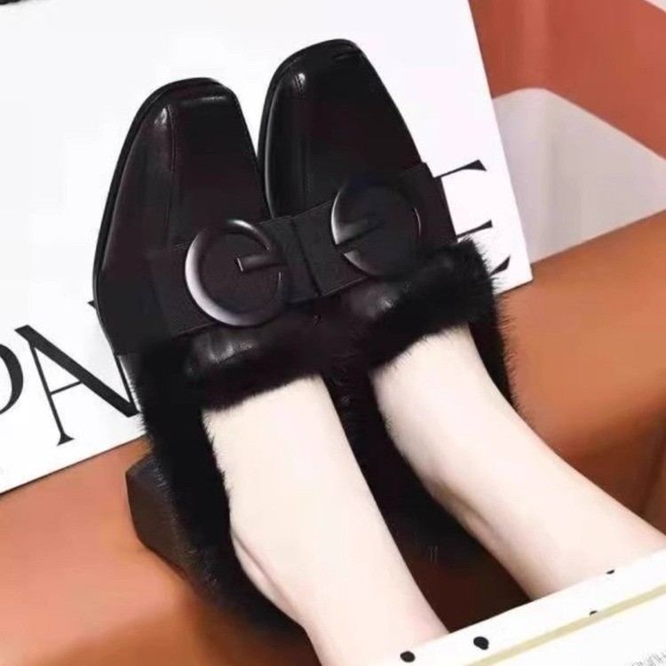 软皮加绒棉鞋女2025年冬季新款妈妈鞋短毛毛豆豆鞋中跟粗跟毛毛鞋