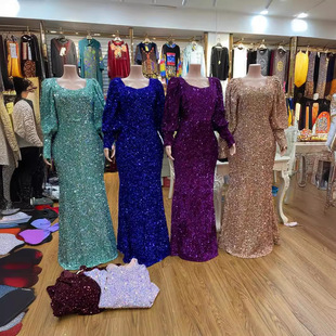 Polyester Long Dress with Solid Color Patchwork Print, Women's Wholesale Versatile Chiffon Gown, Fresh and Sweet Style
