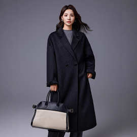 双面呢新款牦牛绒羊毛混纺双排扣宽松版毛呢外套加长款大衣女25秋