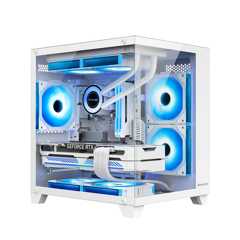 Desktop chassis (Huntkey S900) — panoramic viewing, postless interior, gaming case