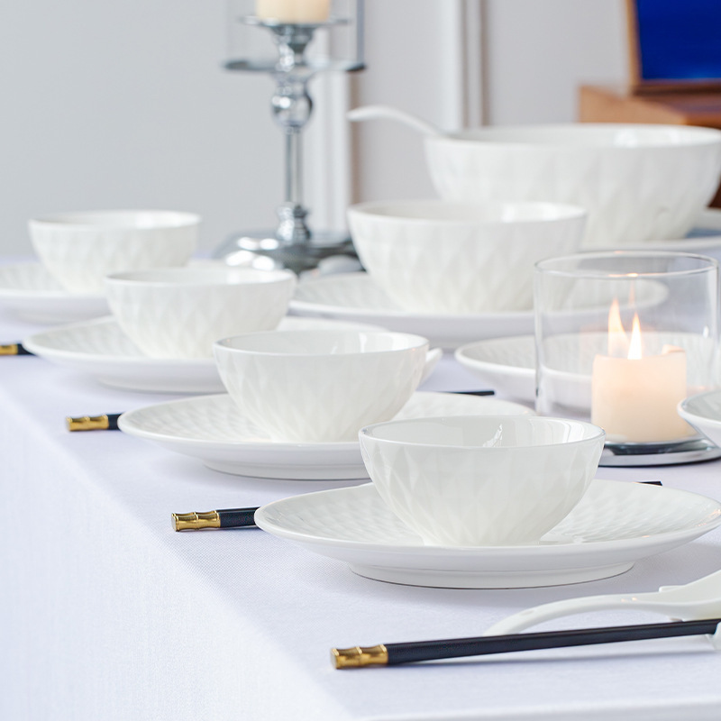 Diamond-Shaped Pure White Ceramic Anti-Scalding Glazed Hotel and Home Self-Service Tableware Set Restaurant Rice Bowl Wholesale Simple Style