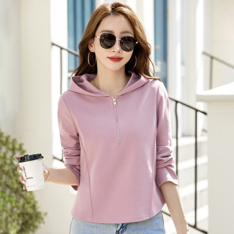 511 Half-Zip Stand-Up Collar Hooded Sweatshirt for Women Spring & Fall New Style Foreign Style Outer Wear Long-Sleeved Pullover Casual Loose Top