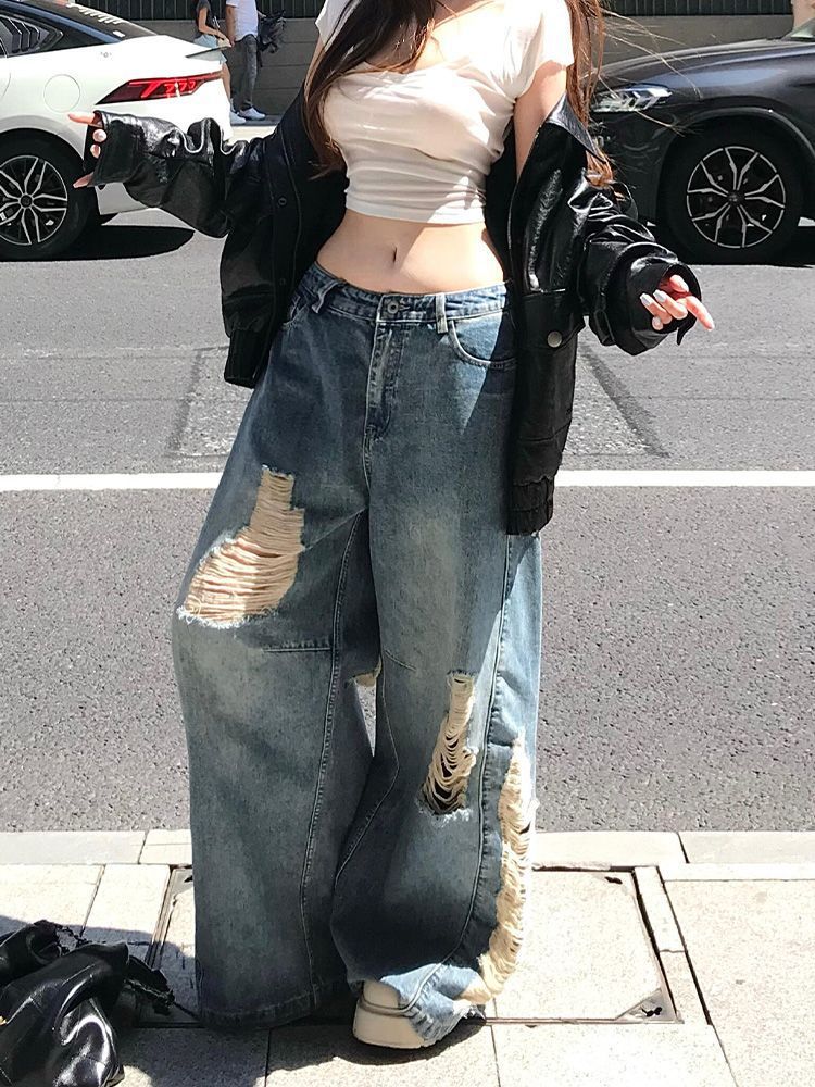Women's Sexy Loose Fitting Relaxed Fit Denim Jeans American Style Retro Distressed Ripped Floor Length Pants New Spring_mkmklike.com