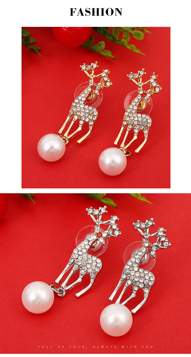 9g Weight 304 Stainless Steel Ear Needle Material Drop Earrings Classification 1 Pair Quantity 1 Pair Christmas Cute Deer Imitation Pearl Alloy Drop Earrings