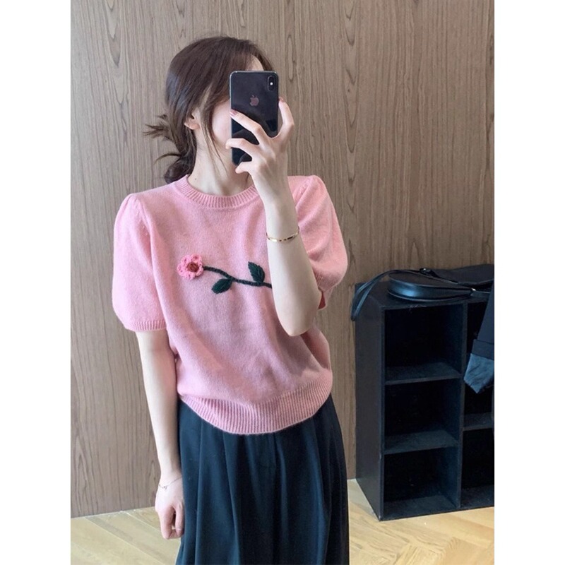 Pink Shoulder Short T-Shirt Top Women's Summer Flower Knitted Shirt Small Chanel Style Bubble Sleeve Unique Short Sleeve A3519