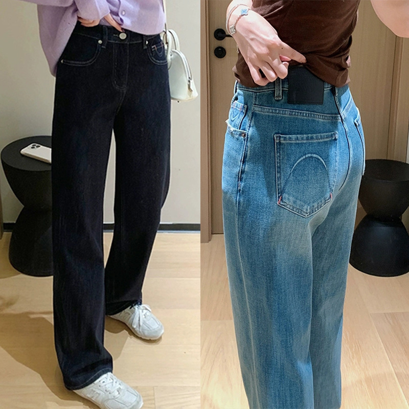 Dading's Homemade Black Label Smiling Denim! Cloud Swirl Waxy Feeling Four-Way Stretch Embroidered Straight Pants Autum Wide-Leg Jeans