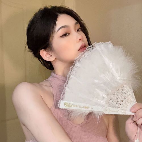 Hanfu cheongsam folding fan Chinese style black feather ancient fan new Chinese dance fan Christmas decorations