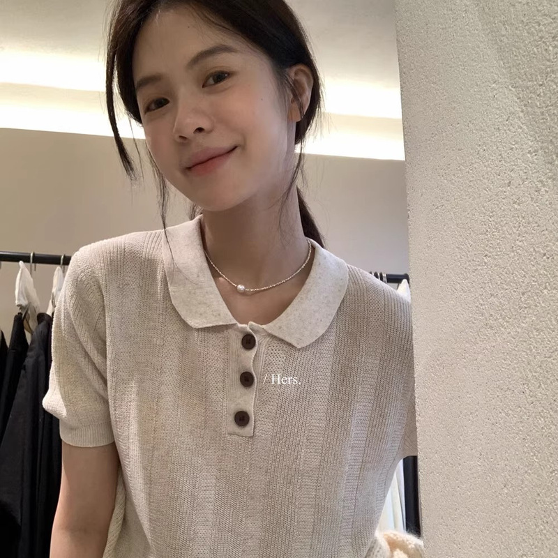 Hers Sweet Oatmeal Textured Short-Sleeve Polo Knit Shirt for Women, Fall 2025 Casual Top