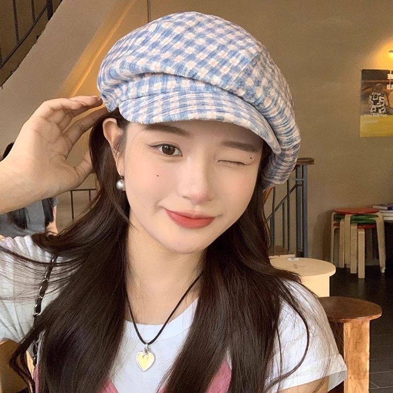 Large face showing duckbill tongue beret cloud painter Korean version ins versatile artistic plaid newsboy hat_viptrois.com