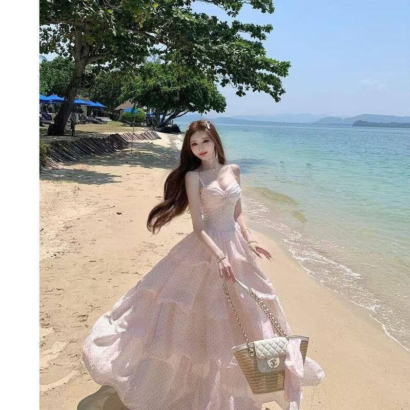 With Chest Pads and Silk Scarf~French-Style Pink Polka Dot Suspender Dress, New Summer Model, Super Fairy Cake Dress With Chest Pads and Silk Scarf~French-Style Pink Polka Dot Suspender Dress, New Summer Model, Super Fairy Cake Dress